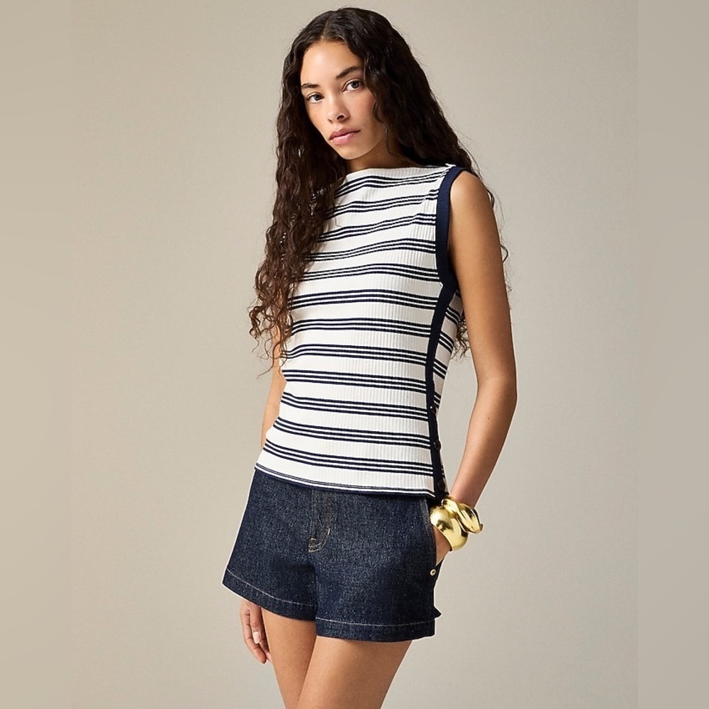 New J. Crew Premium Rib Side-Button Top In Stripe, Navy & Ivory, Ci045, Size Xxs